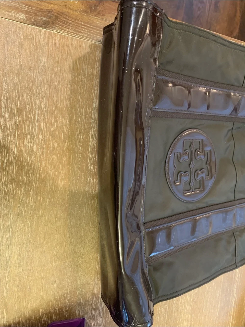 Tory Burch Olive and Dark Brown Nylon Tote with Patent Trim